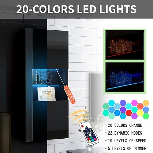 Miniatura 4 de AMERLIFE 2 gabinetes de almacenamiento de pared con luces LED, modernos armarios flotantes de alto brillo con 4 puertas y estantes de vidrio