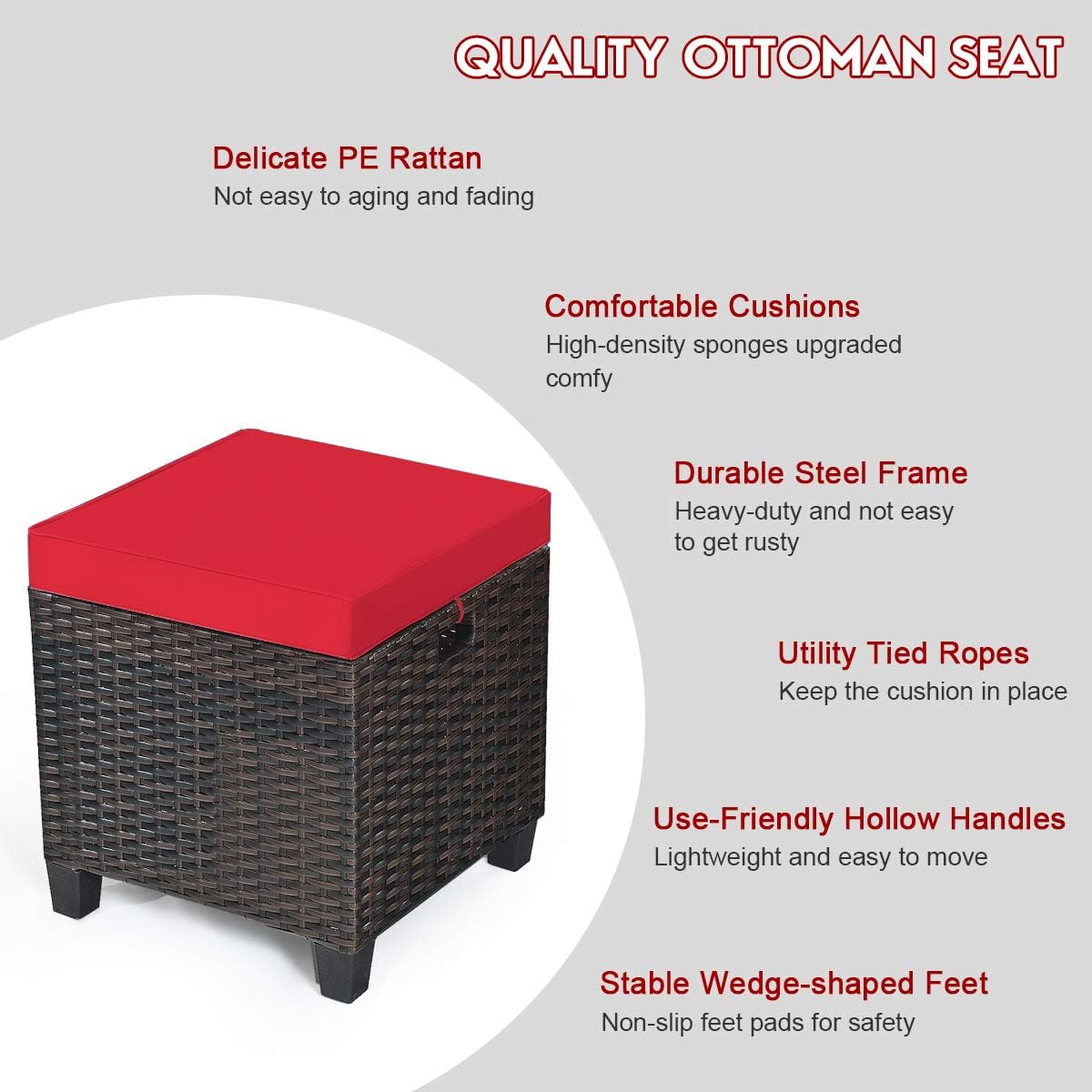 2PCS Patio Outdoor Ottomans, Rattan Wicker Ottoman Seat w/Removable Cushions, Rattan Footstool Footrest Seat Set, Patio Wicker Furniture Small Chair for Home,Patio, Garden, Backyard (Red)