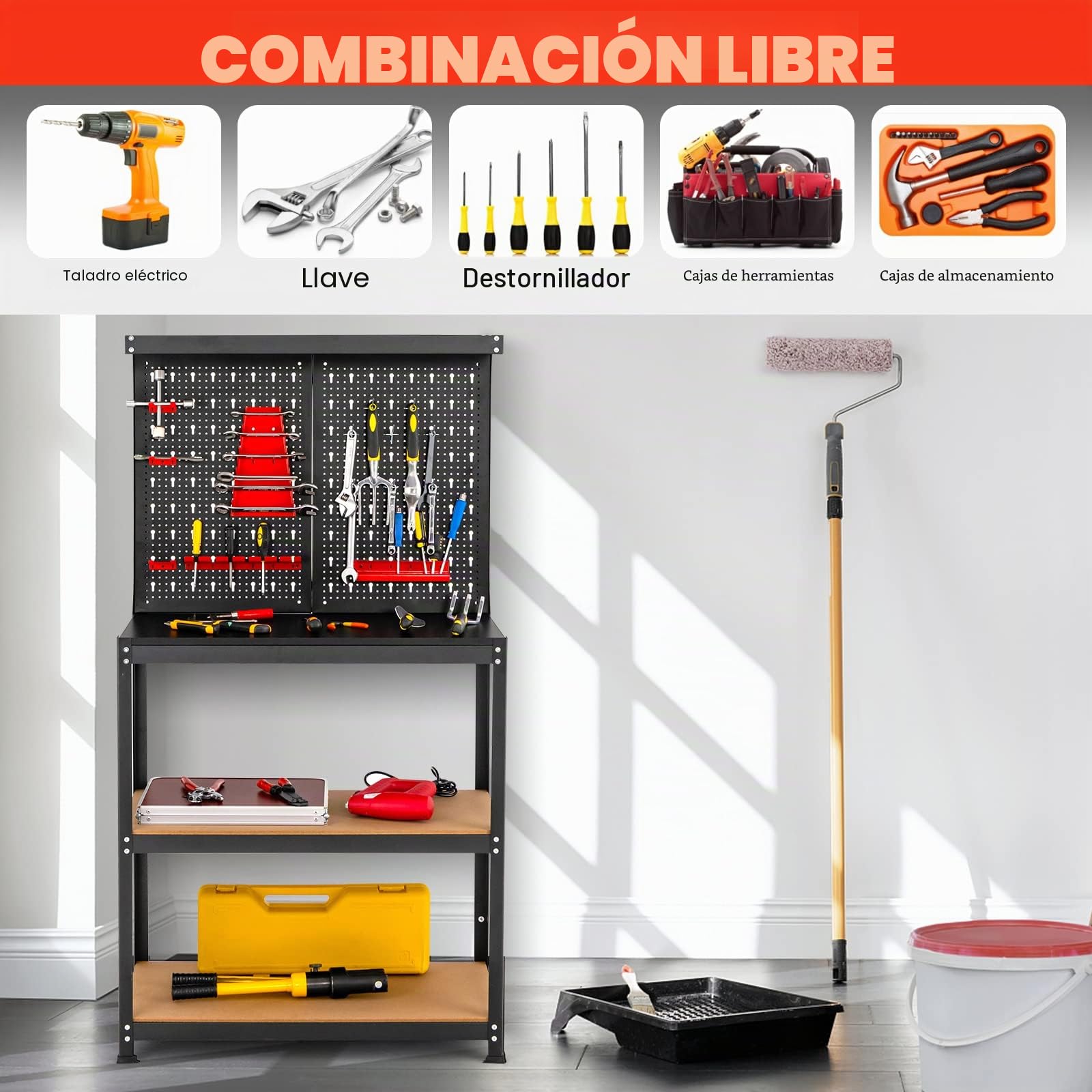 GOPLUS Banco de Trabajo Taller, Carga 100 kg, 810 x 410 x1555 mm, Mesa de Herramientas Carga con Tablero Perforado Metal, Estante Abierto, 14 Accesorios para Colgar (Negro+ Rojo Panel)