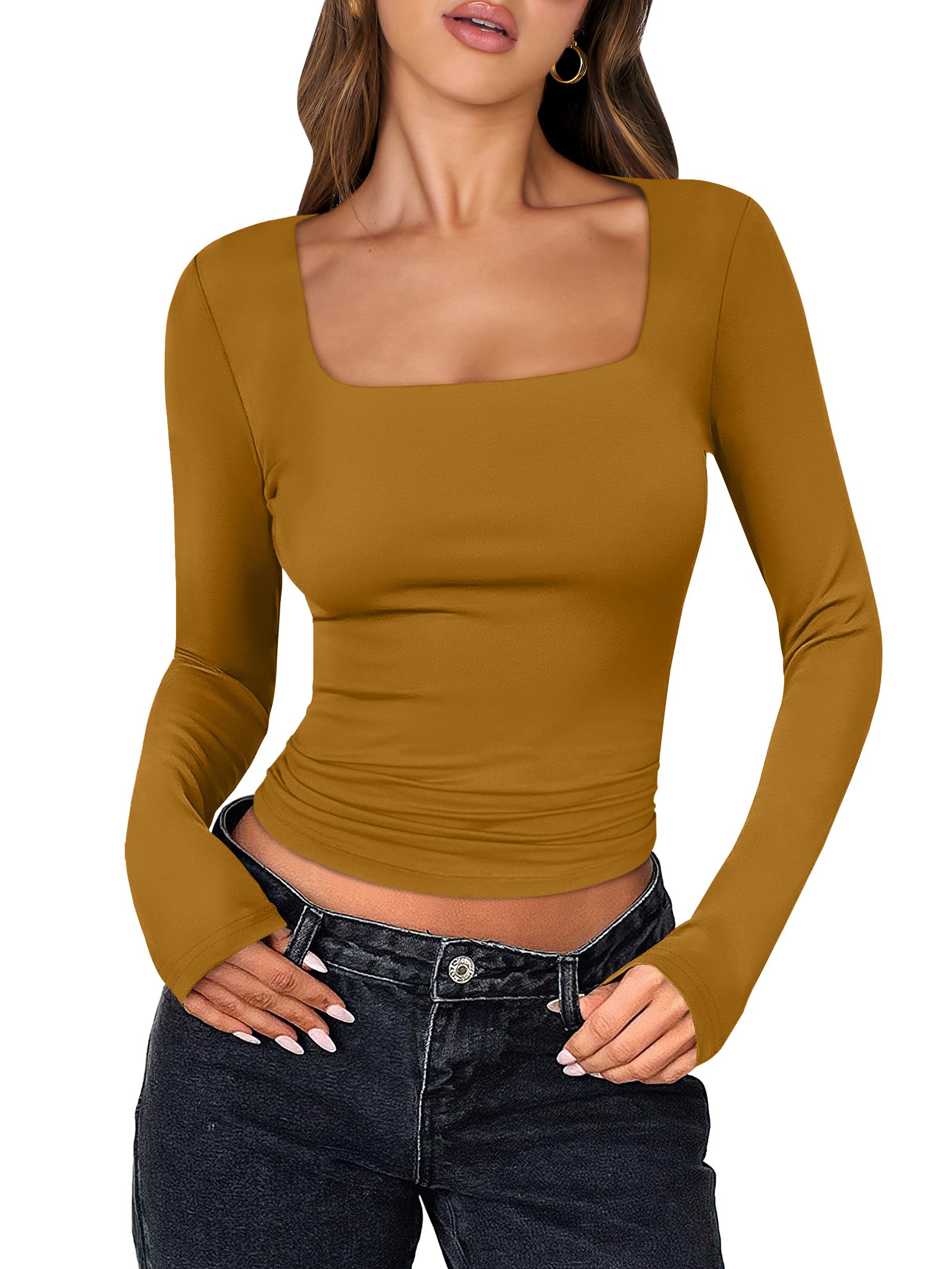 ANRABESS Long Sleeve Shirts for Women Double Lined Crop Tops