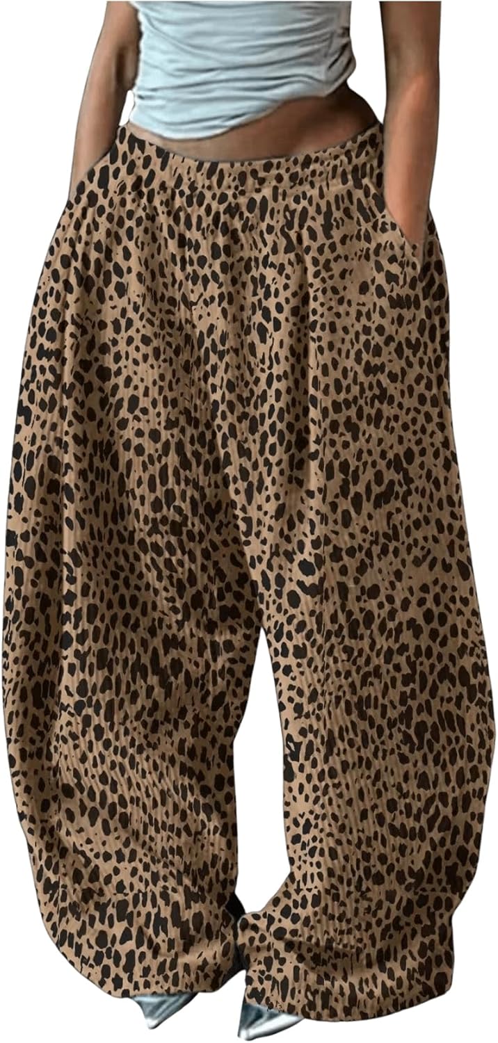 GORGLITTER Women's Leopard Cheetah Print Barrel Pants High Waisted Wide Leg Sweatpants Loose Casual Workout Trousers