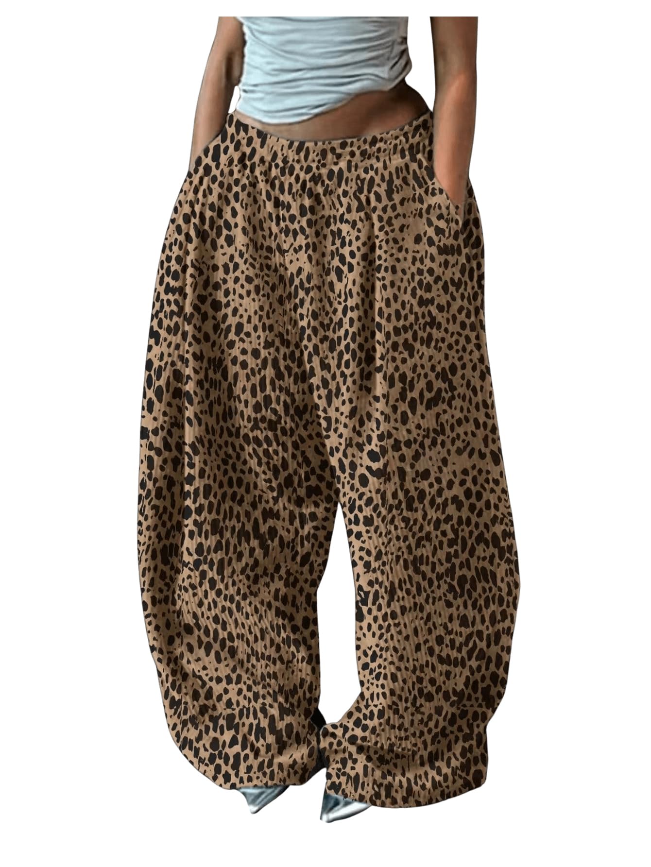 GORGLITTER Womens Leopard Cheetah Print Barrel Pants High Waisted Wide Leg Sweatpants Loose Casual Workout Trousers