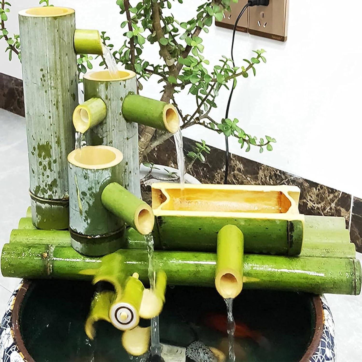 Bamboo Fountain Kit, Solar Water Feature with Pump, Zen Garden Flowing Fountain, Natural Bamboo Landscape Decoration, Fish Tank Filter Ornament, for Patio, Pond, Yellow-21.7in