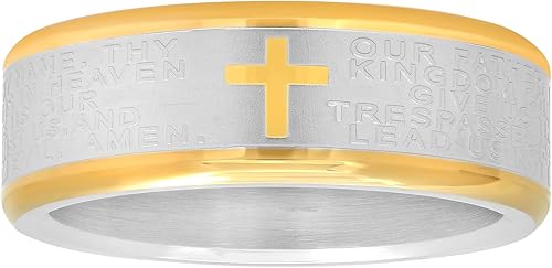 STEEL NATION JEWELRY Anillo de boda de acero inoxidable de dos tonos de 0.315 in de plata y oro, con cruz y oración del Señor de la Biblia