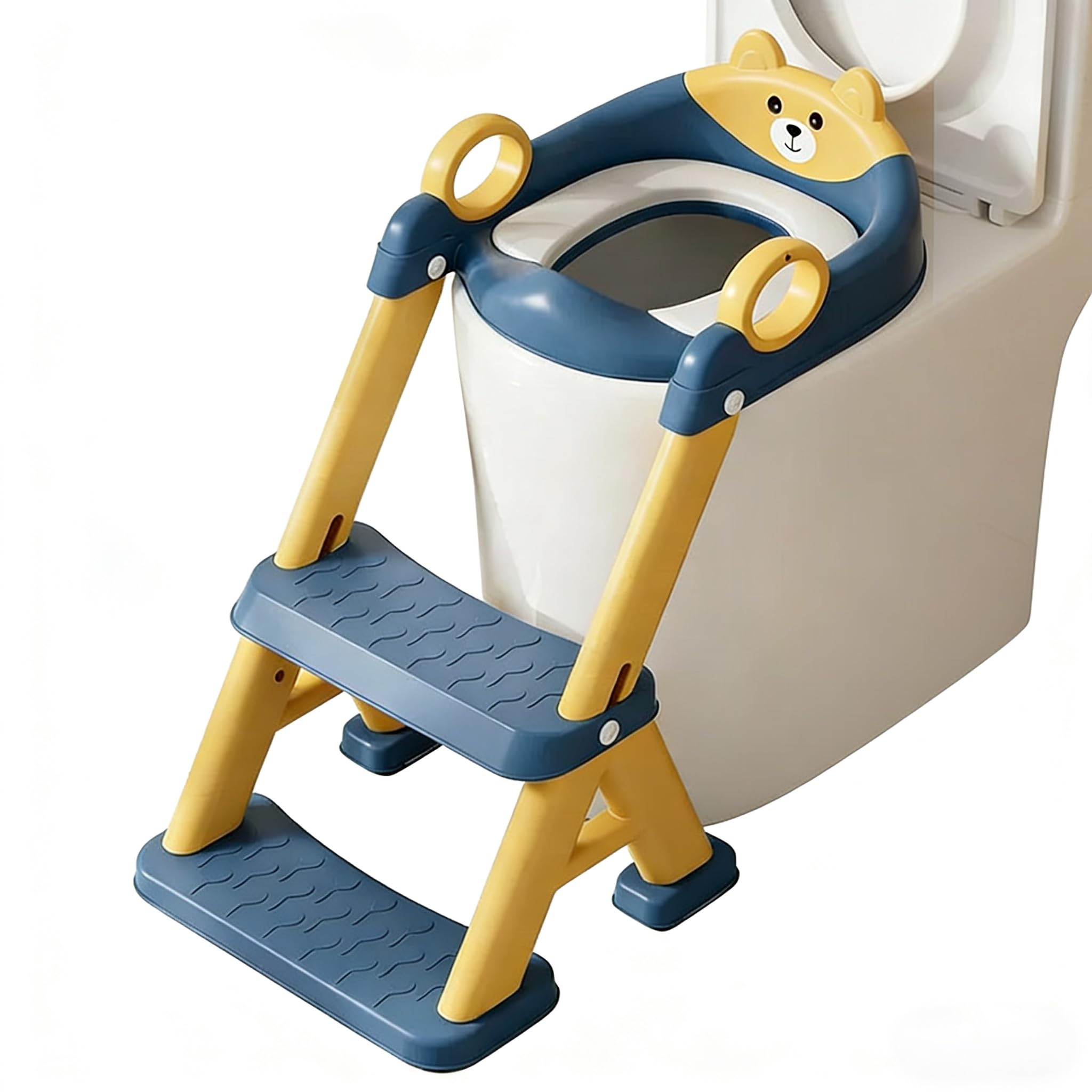Toilettentrainer für Kinder für Jungen und Mädchen, 2 in 1 Kind Toilettensitz mit Treppe, Spritz und Rutschfestes Trittbrett, 6-stufig höhenverstellbar, PP/TPR/PVC Material，54 x 35 x 20 cm (Blau Gelb)