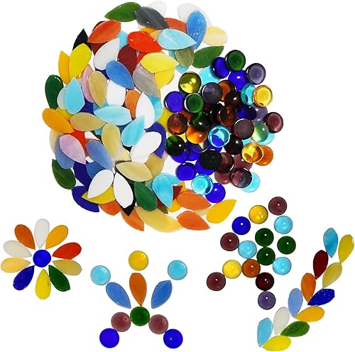 Azulejos de mosaico de pétalos de colores mixtos, piezas de vidrio de mosaico manchadas con gotas de agua con gemas redondas de vidrio plano para
