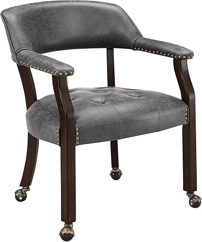 Miniatura 19 de MODERION Modernas sillas de escritorio de comedor y oficina de madera maciza marrón retro con ruedas, brazos y asiento tapizado, 31.5 pies de alto