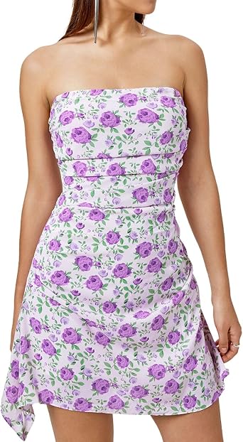 Parthea Womens Floral Dress Y2K Strapless Dresses Going Out Sexy Mini Dress for Cocktail Clubwear Party