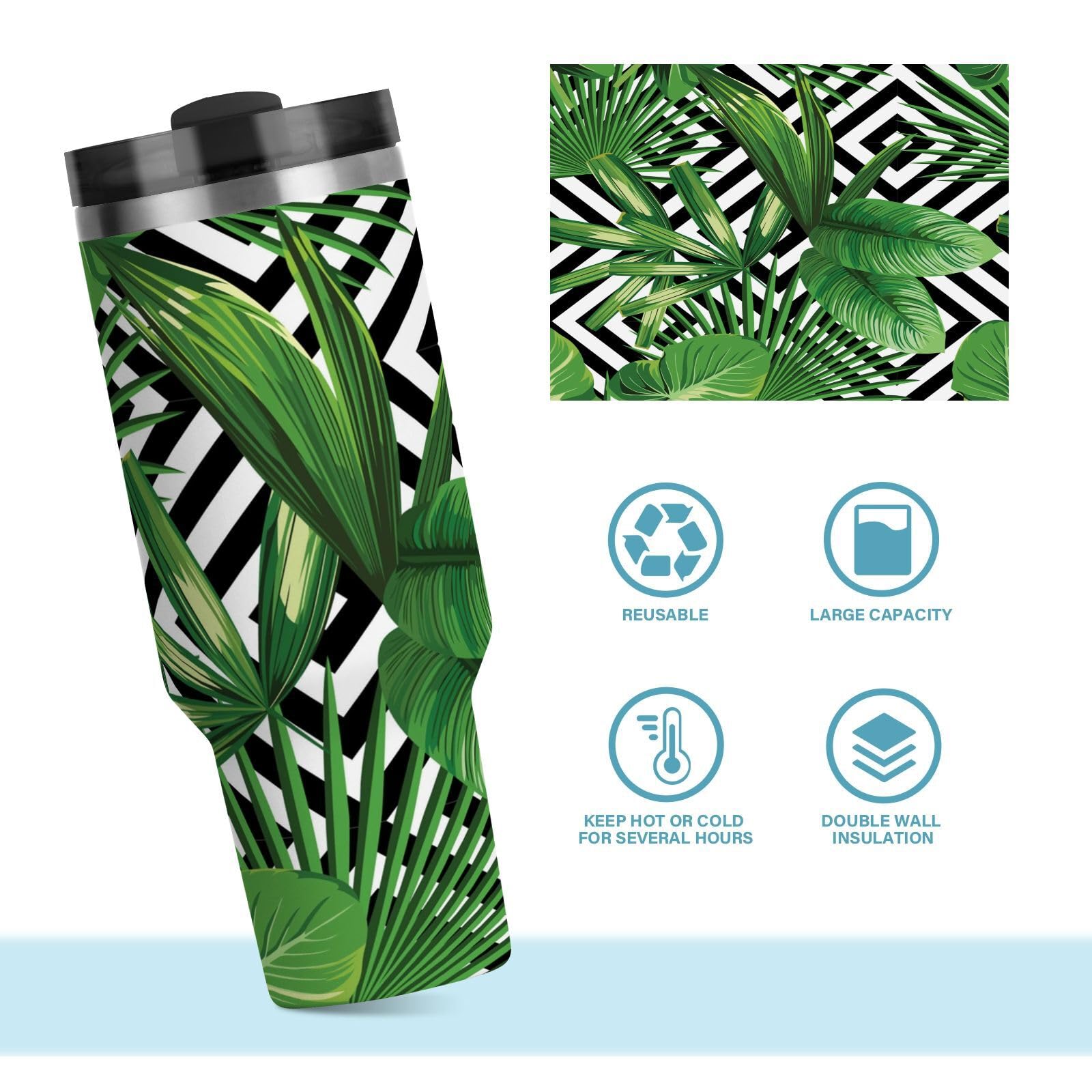 Isolierter Becher Palmenblätter, doppelwandige Edelstahl-Wasserflasche, Kaffeetasse, Reisebecher mit Griff, Strohhalm-Deckel