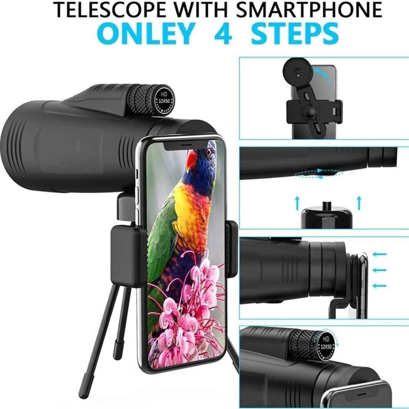 AKAZI Telescopio monoculare HD 12x50, Prisma Bak4 ad Alta Potenza e Obiettivo FMC con treppiede Porta Smartphone per Escursionismo, Birdwatching, Campeggio, Viaggi
