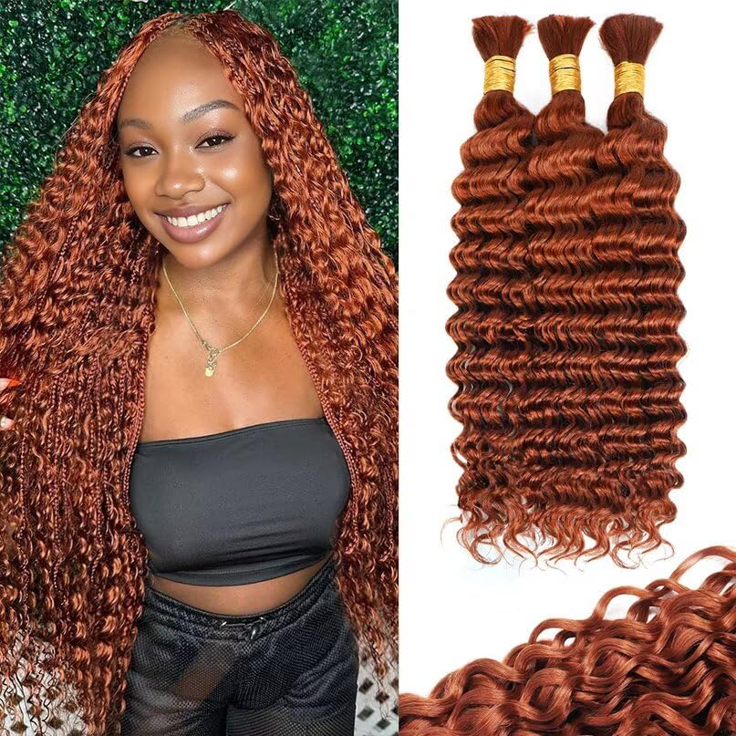 12A #350 Copper Ginger Human Braiding Hair for Boho Braids 3 Bundles 22 Inch 100g Deep Wave Braiding Hair for Bohemian Knotless Braids 100% Unprocessed Virgin Bulk Hair Extensions No Weft