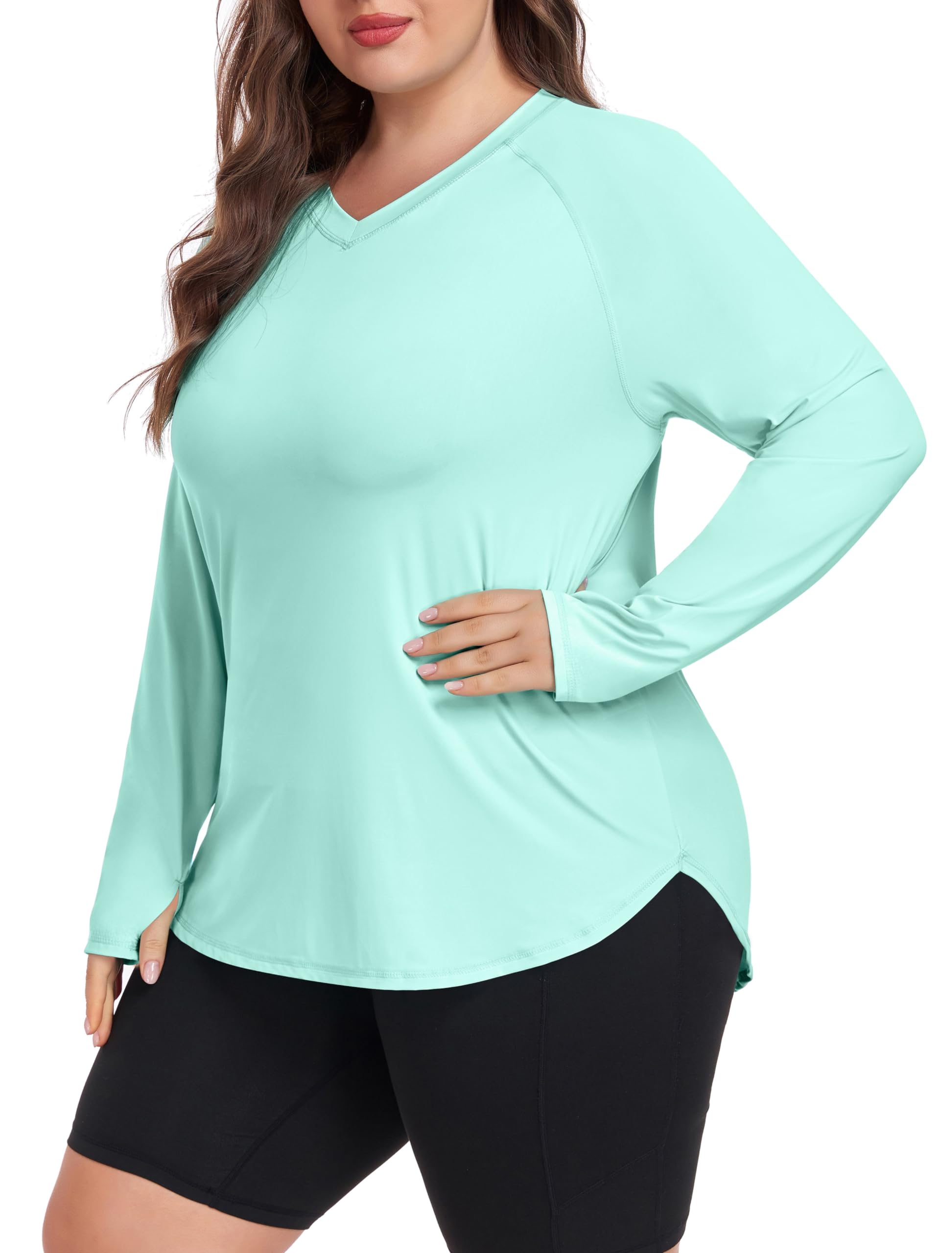 FOREYOND Women's Plus Size UPF 50+ Sun Shirts Long Sleeve UV Protection Rash Guard Quick Dry Swim Tops Fishing Shirts V-Neck