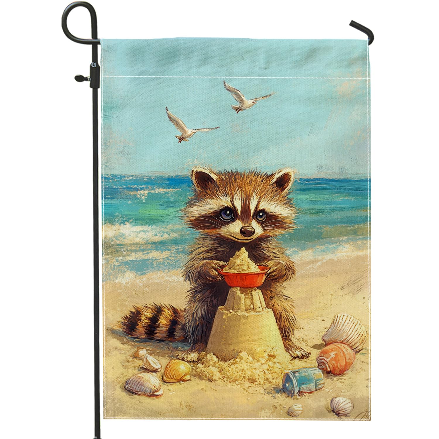 Summer Cute Raccoon Beach Garden Flag, Colorful Sandcastle Outdoor Decor Banner, Double Sided Burlap Yard Flag Home Lawn Decoration 12x18 Inch
