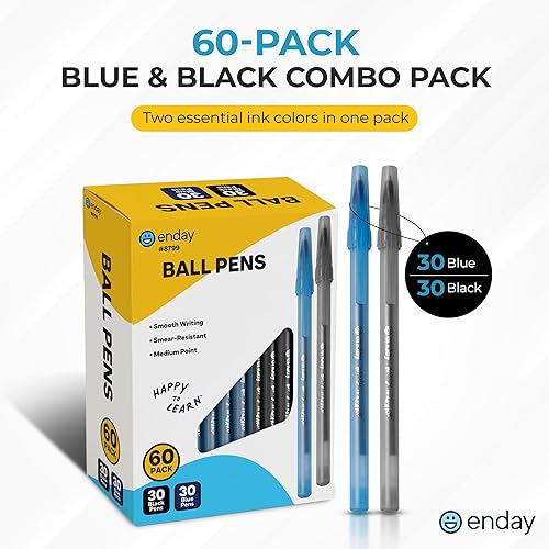 Miniatura 2 de Enday Bolígrafos (paquete de 60) 30 bolígrafos azules y 30 negros, bolígrafos de tinta a granel, punta media de 0.039 pulgadas, bolígrafos de