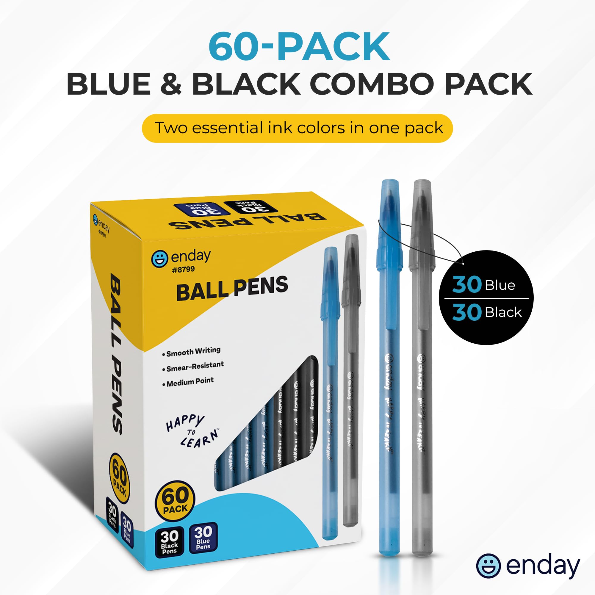 Enday Pens Ballpoint 60 Pack 30 Blue 30 Black Pens Ink Pens Bulk Medium Point 1 0mm Smooth — view 2
