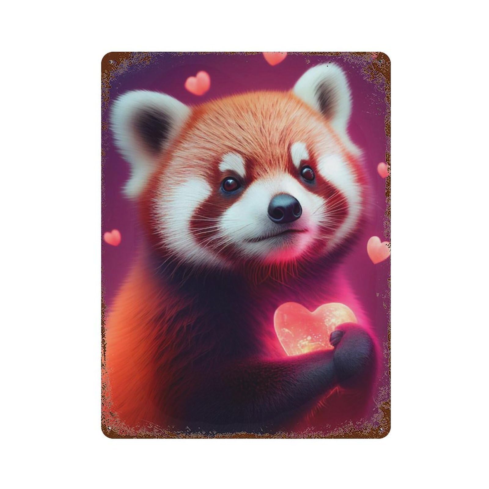 Adorable Red Panda with Heart Aged Metal Wall Plaque 15.7"x11.8", Industrial Home Decor for Garage, Pub Or Kitchen