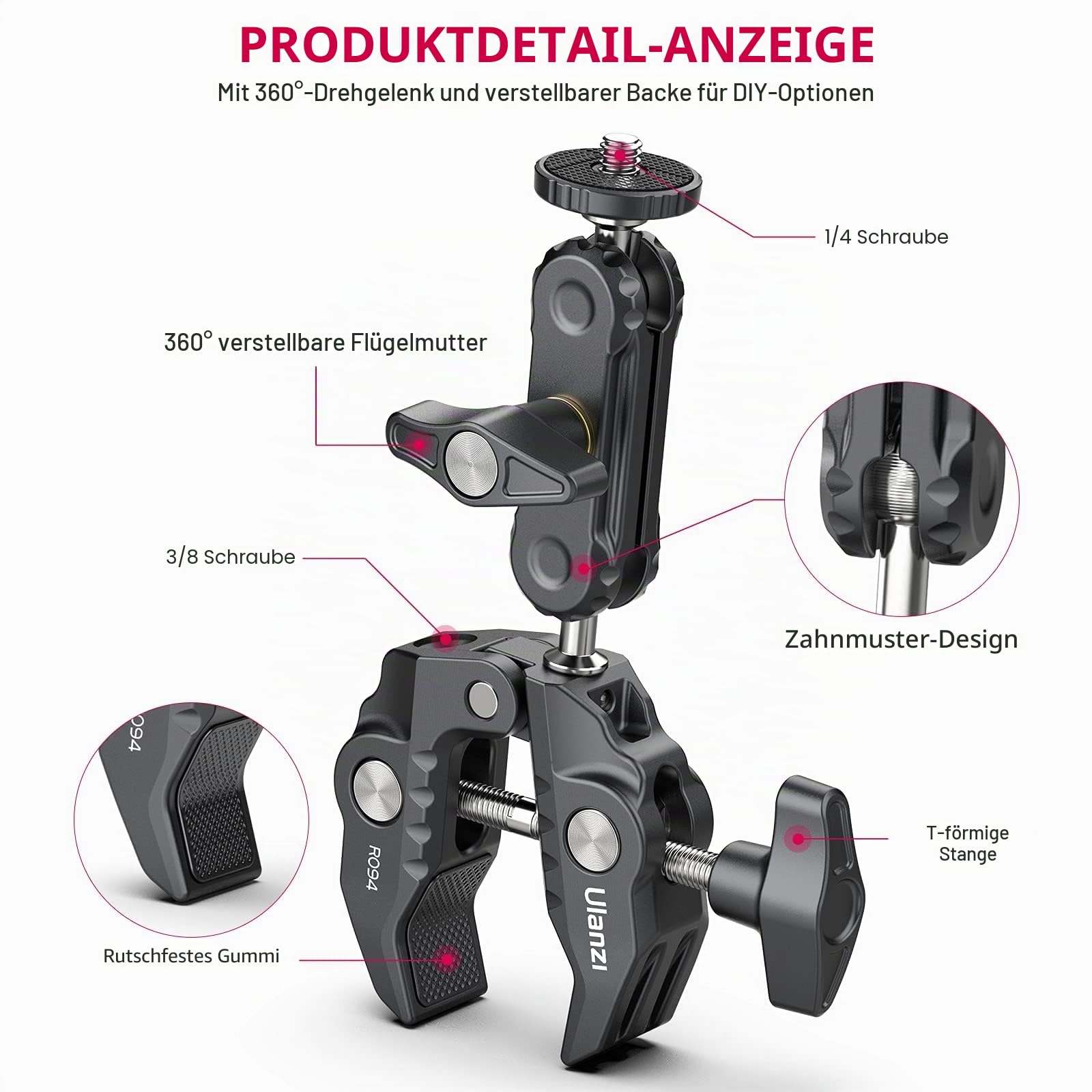 ULANZI R094 Super Clamp Crab mit 360° Doppelkugelkopf – Universelle Klemmhalterung für Kameras, LED-Videoleuchten & Stabilisierungssysteme (Ronin-M/MX, MOVI)