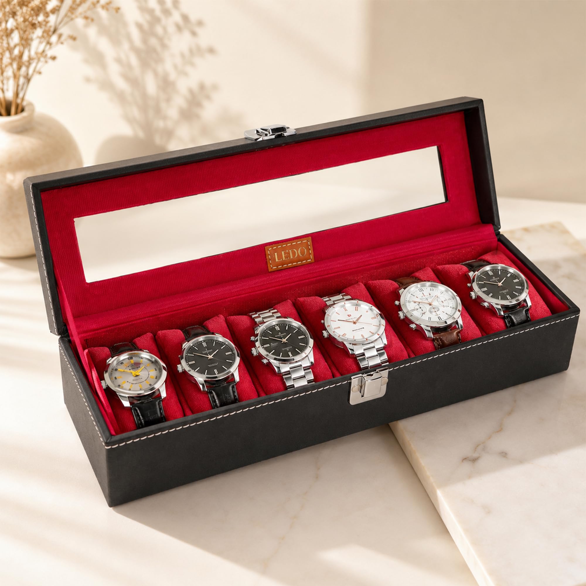 LEDO Watch Box Holder Organizer Case in 6 slots of Watches with Transparent Look Black & Cherry color Velvet