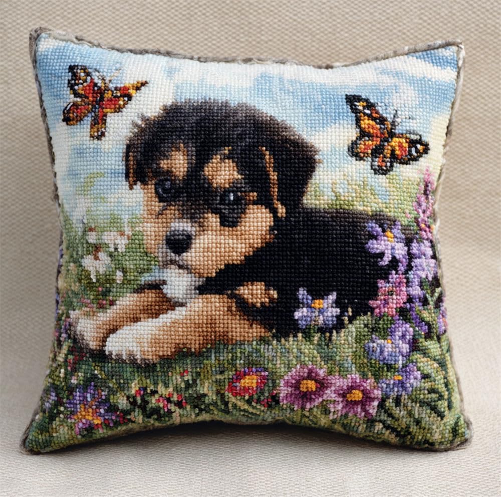 Stamped Cross-Stitch Kit W/Printed Tapestry Canvas — Dog And Butterfly Puppy 17.7X17.7In(45X45Cm) Stamped Cross-Stitch Cushion Embroidery Kits Set Beginners For Creative Home Décor — Needlew