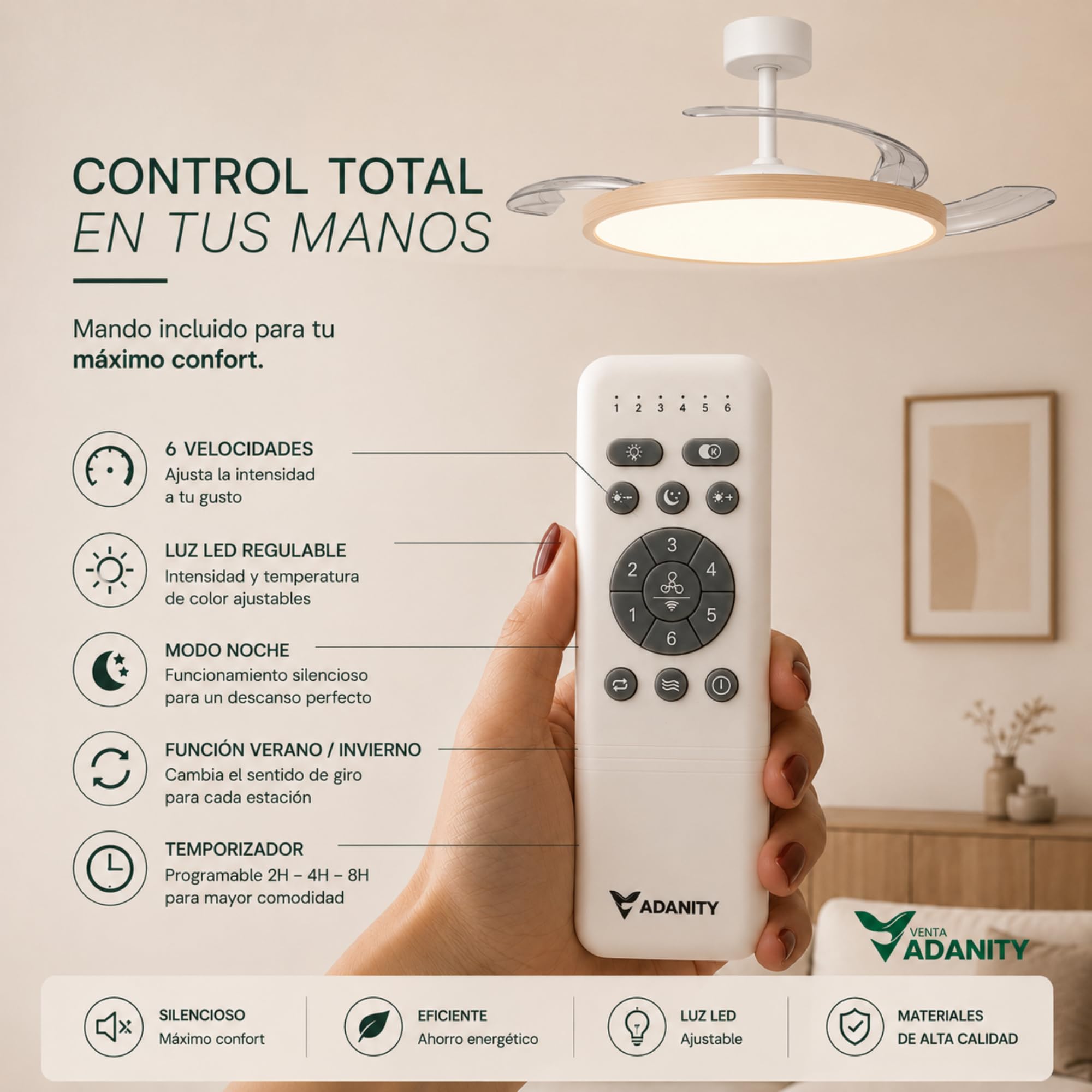 Ventilador de Techo LED Premium - Acabado Madera Elegante - Motor DC Silencioso 24V - 6 Velocidades - Luz LED 3240LM - Mando a Distancia - Estilo Rústico Moderno - 50 cm diámetro