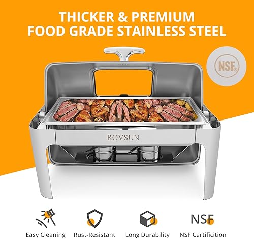 Miniatura 3 de ROVSUN Juego de 3 platos de bufé con tapa enrollable, 9 cuartos de galón de acero inoxidable NSF rectangular para catering, servidores de bufé y