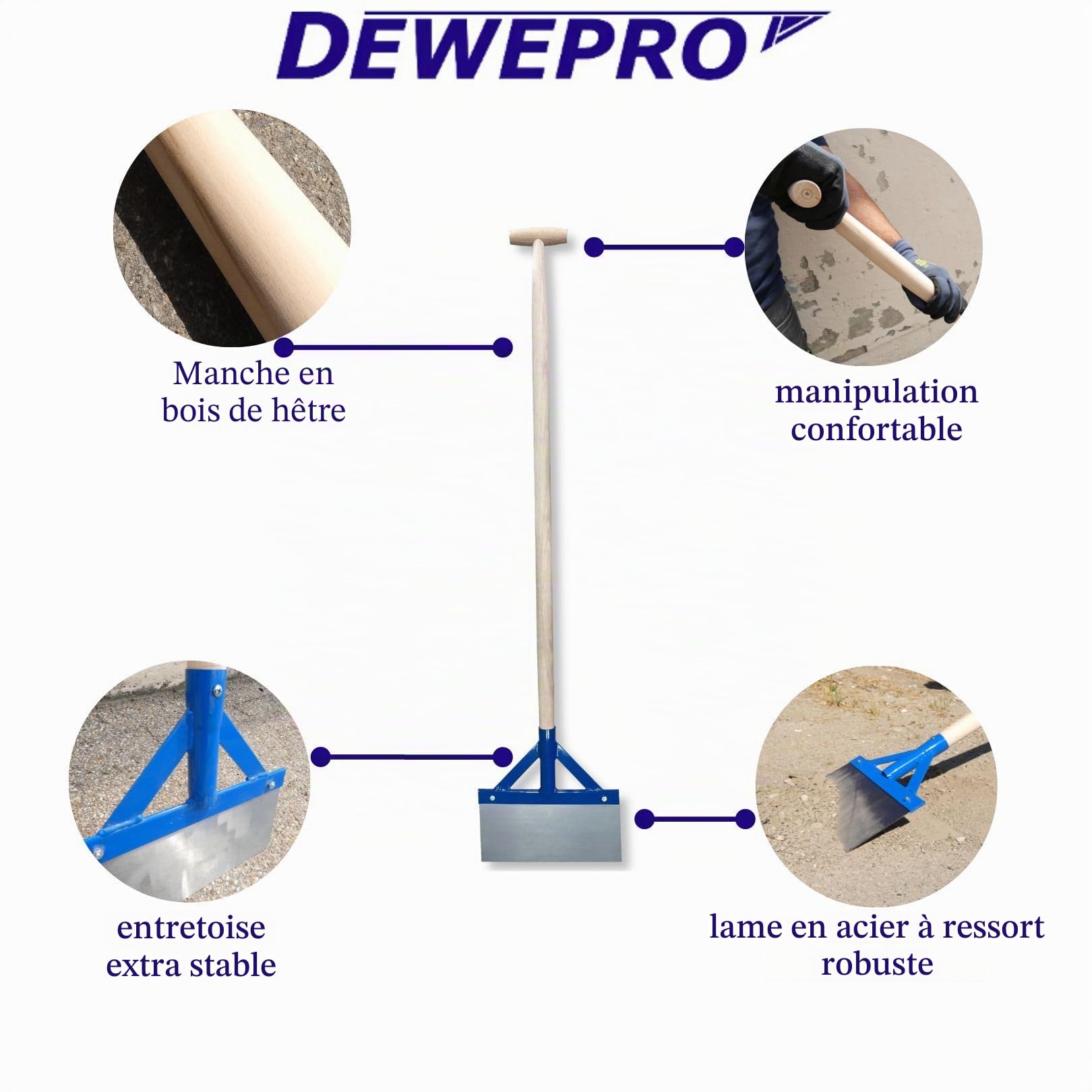 DEWEPRO Grattoir à choc avec manche en bois - Grattoir pour sol, goudron, plâtre, mortier – Très stable avec entretoises et lame en acier à ressort - Largeur : 300 mm - Longueur totale environ 137 cm. | Grattoir de sol robuste pour enlever la peinture, le