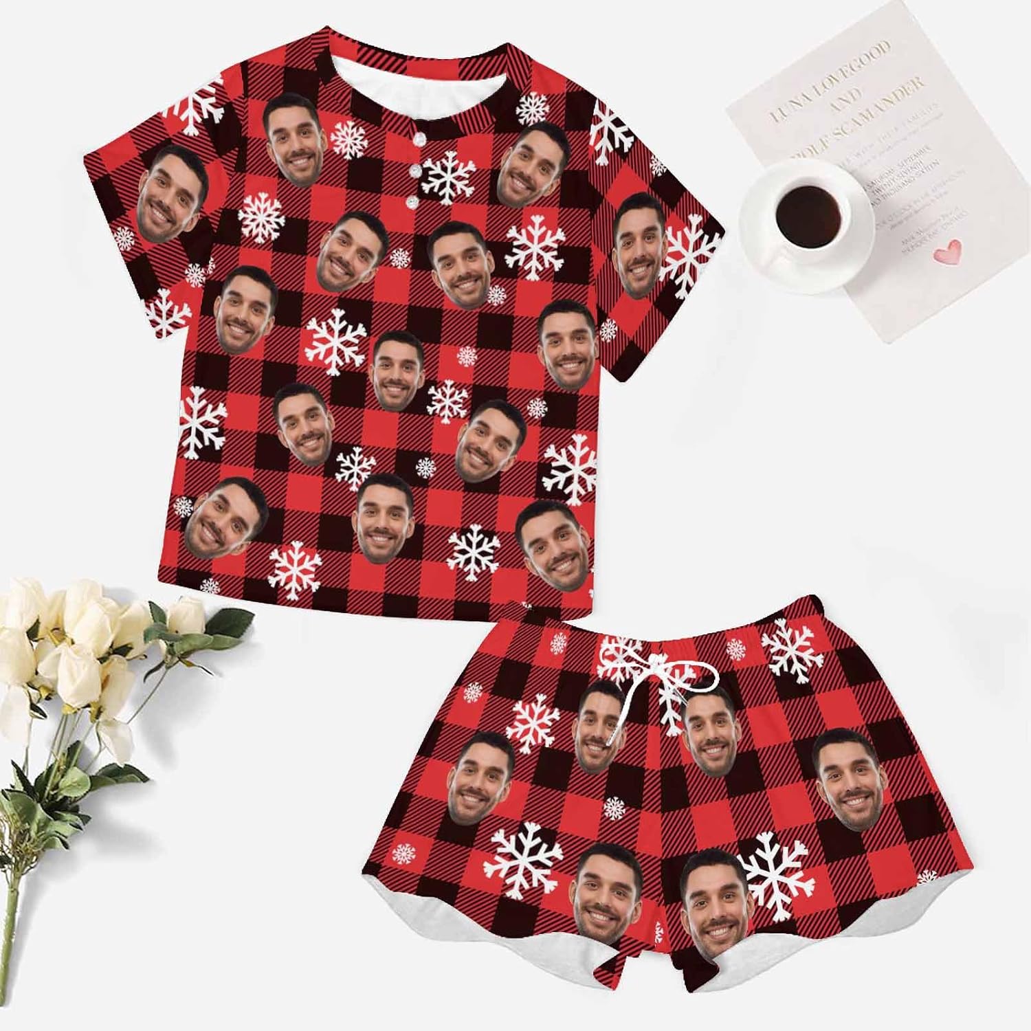 Artsadd Custom Short Pajamas Set With Photo, Women Personalized Lounge Set, Funny Face Printed Sleepwear, Soft Tracksuit Gift - Image 4