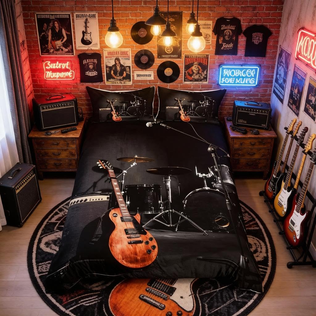 Loussiesd Guitar Duvet Cover Rock Music Themed Comforter Cover for Kids Boys Girls Teens Band Musical Instrument Black Skin-Friendly Microfiber Bedding Decor 3Pcs Bedspread Cover King