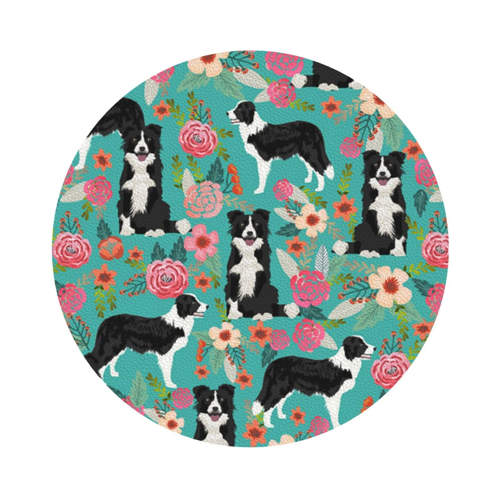 Border Collie Florals PU Leather Coasters Set of 6 Round Drink Coasters