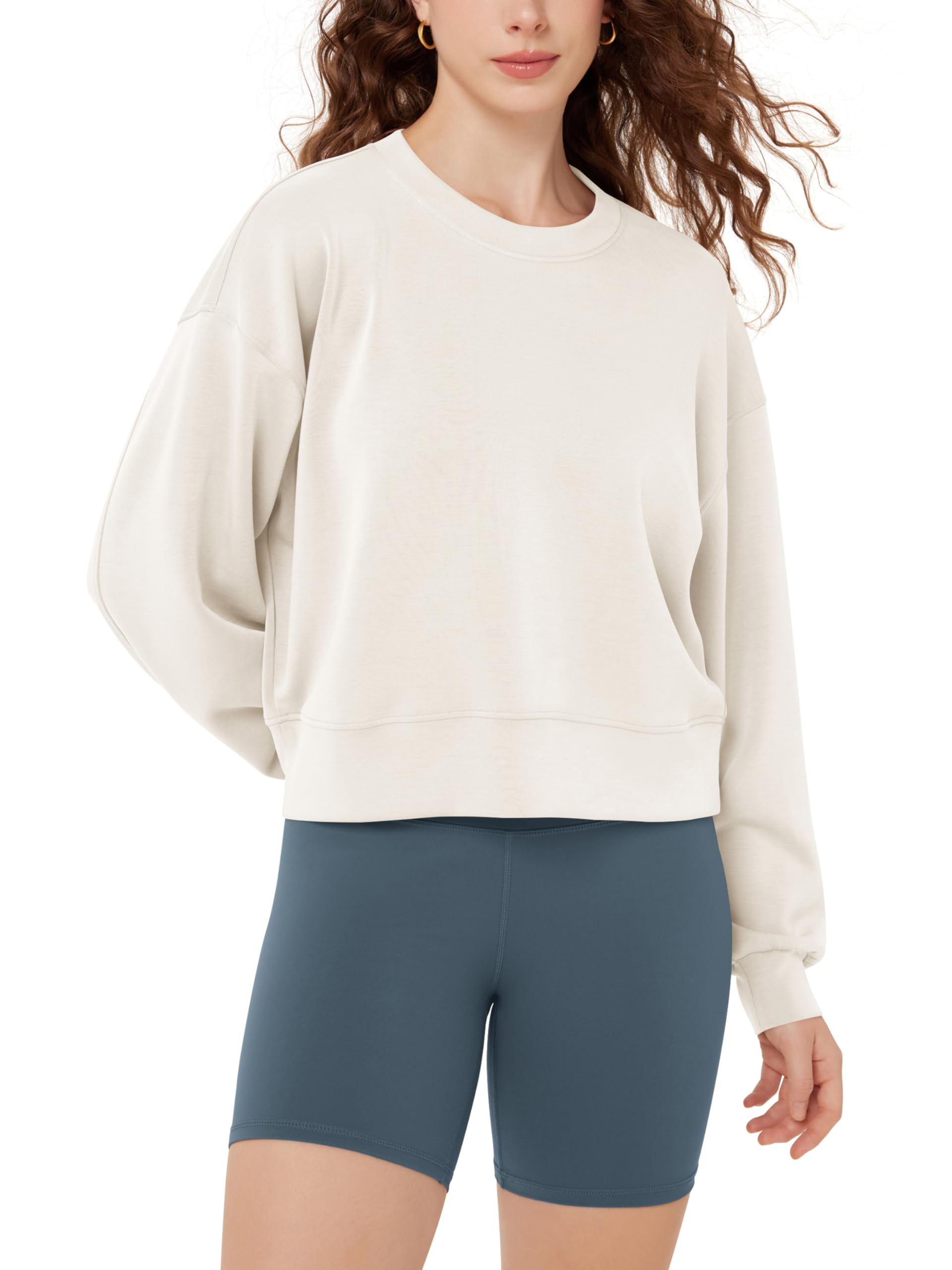 ODODOS Modal Soft Long Sleeve Cropped Sweatshirts for Women Oversized Crew Neck Pullover Crop Top