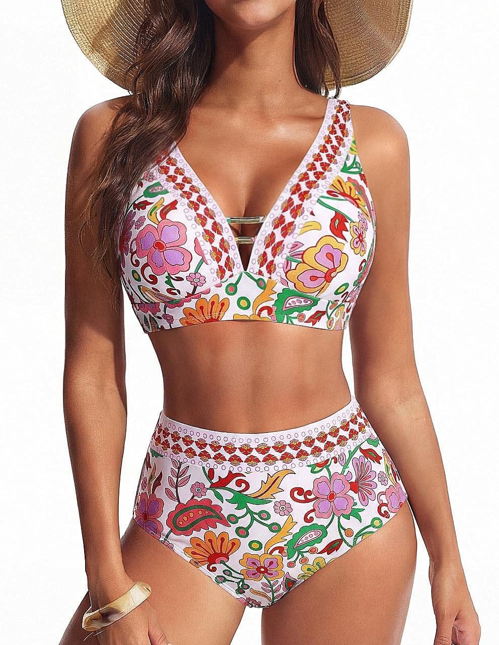 Hanna Nikole Damen Bikini Hohe Taille Cut Out Badeanzug Bauchweg Bademode Push Up Zweiteiliger Bikini Set V-Ausschnitt Badebekleidung