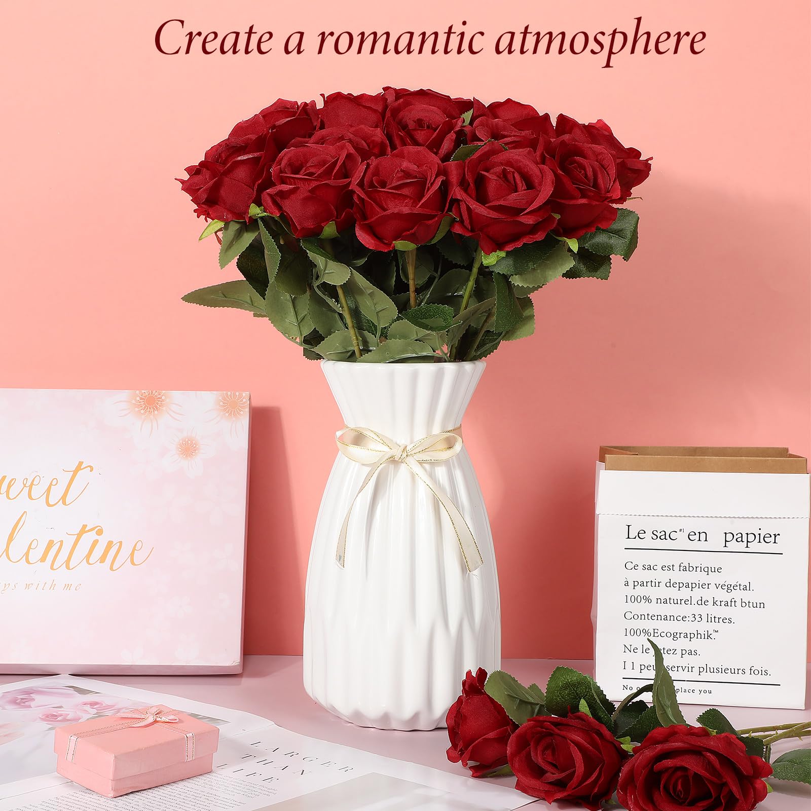 20 Pcs Rose Artificial Flowers with Long Stem Realistic Silk Roses Bulk ...