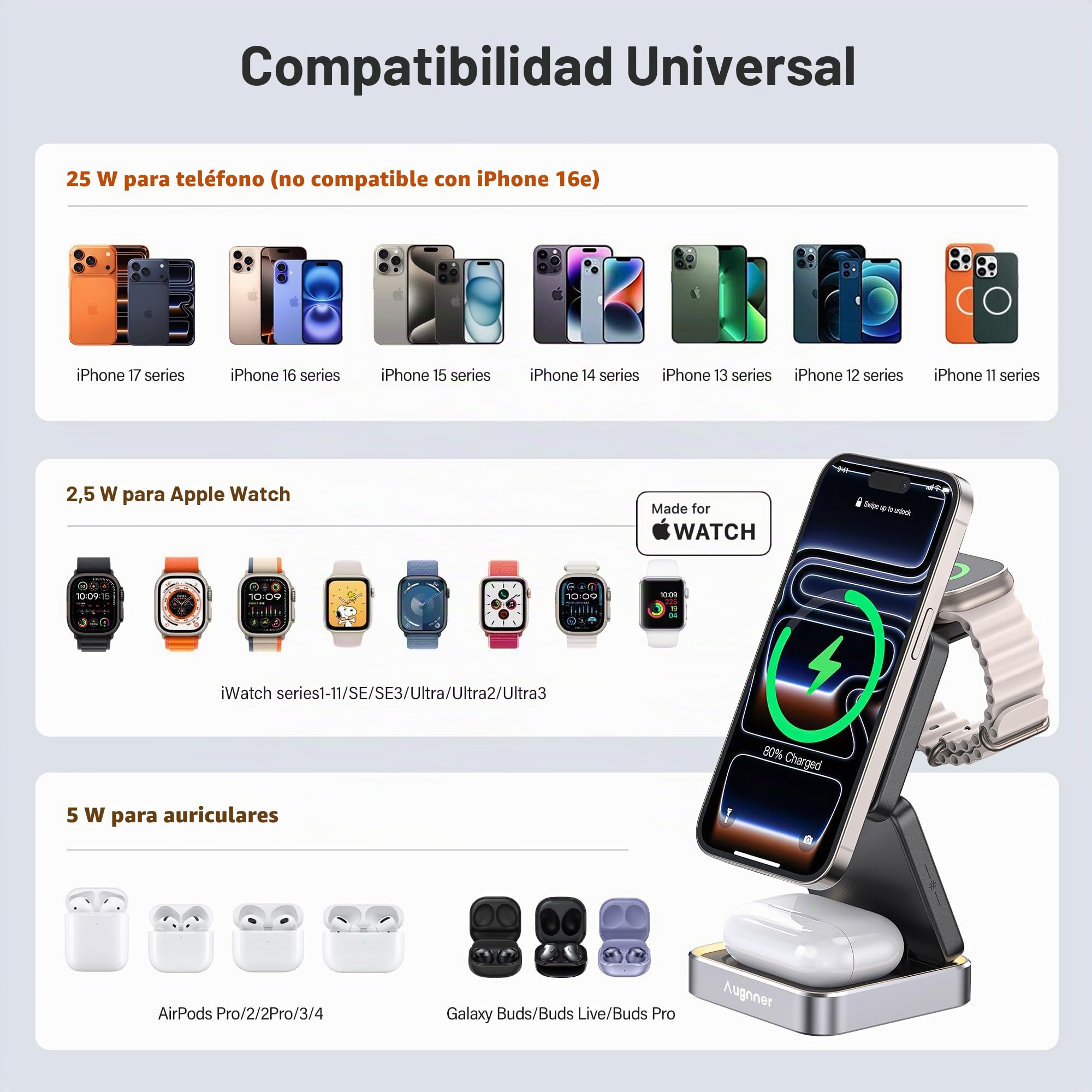 Estacion de Carga iPhone 25W, Plegable Cargador Inalámbrico Rapida para iPhone 17 16 15 14 13 12, 3 en 1 Base de Carga iPhone y iWatch, Soporte de Carga de Viaje con AirPods Pro con 45W Adaptador