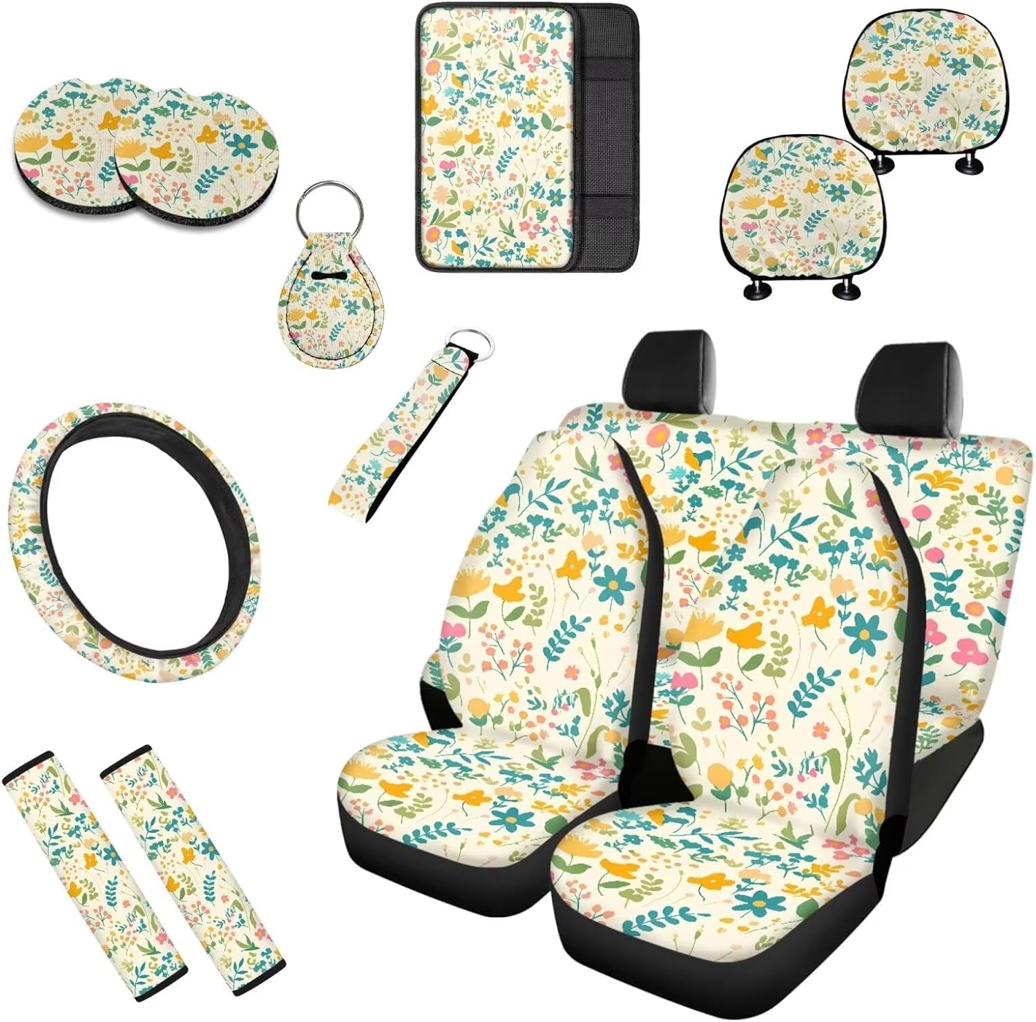Sugar Skull Flower 13 Print Auto Seat Protector Full Set, Sunflower Skeleton Steering Wheel Cover, Mexico Day of Dead Flowers Car Seat Protectors Cup Holder Pad