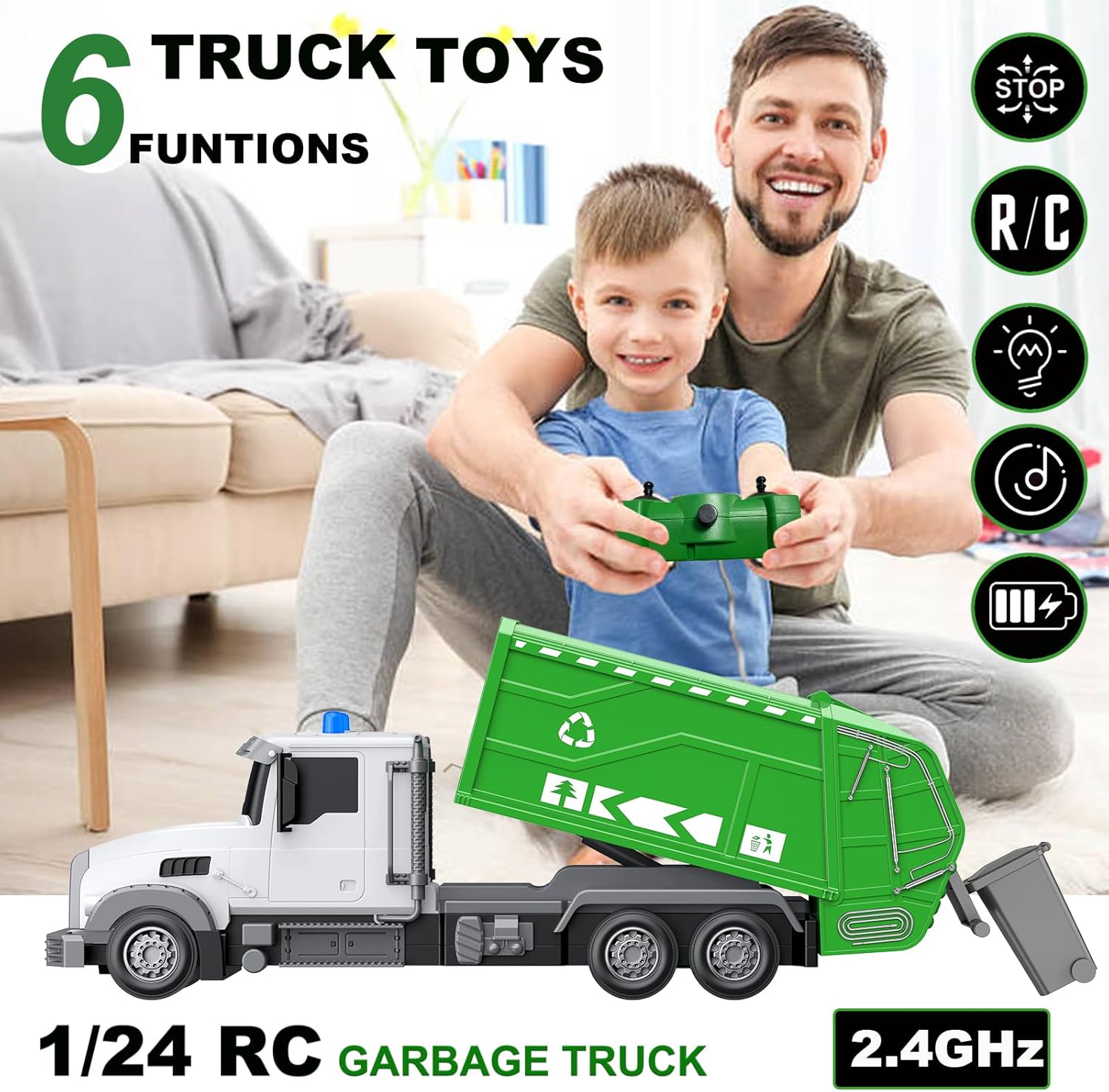 2.4Ghz Remote Control Garbage Truck Toys,1/24 RC Garbage Truck with 6 Channel Remote Control Waste Management Garbage Truck, Birthday Gifts Ideas for Boys Age 3-8 Year Old