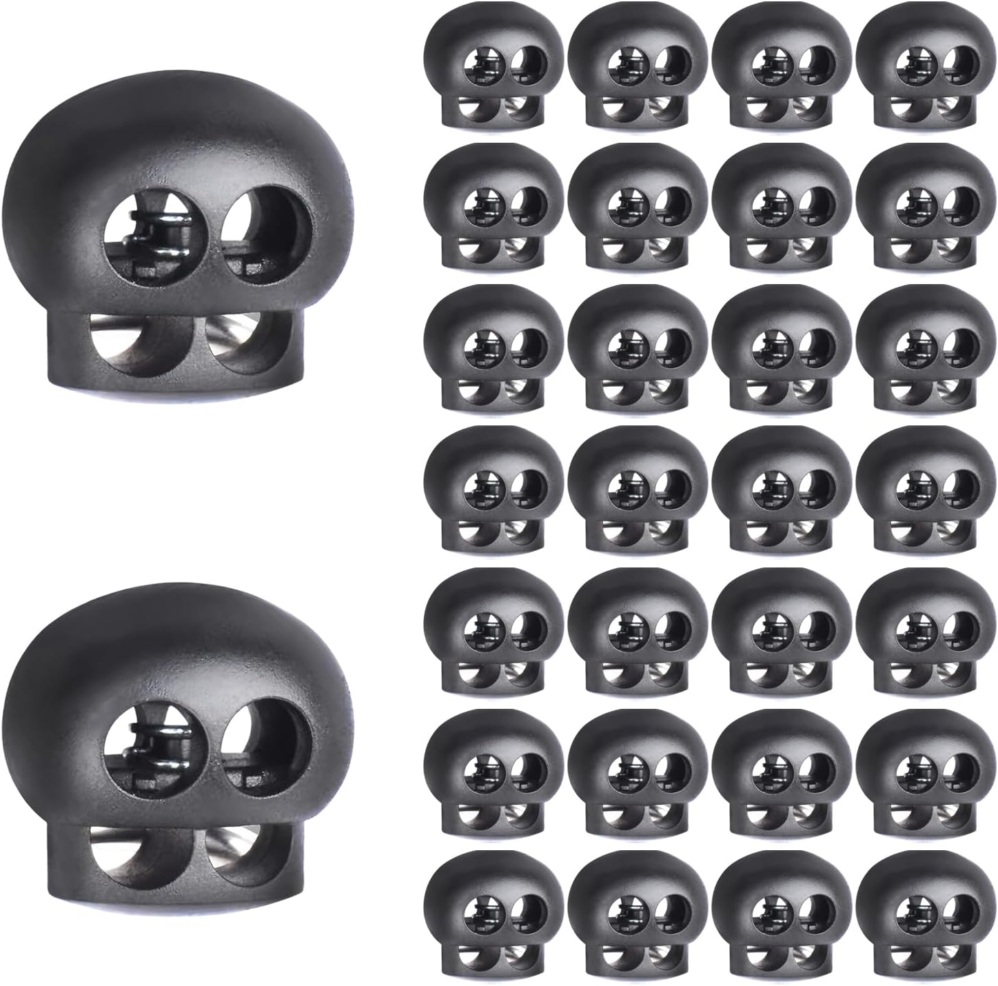 30 Pcs Plastic Spring Cord Lock, Black Double Hole Spring Stopper Fastener Slider Toggles for Shock Cords/Drawstring/Elastic Cord/Shoelace Locks