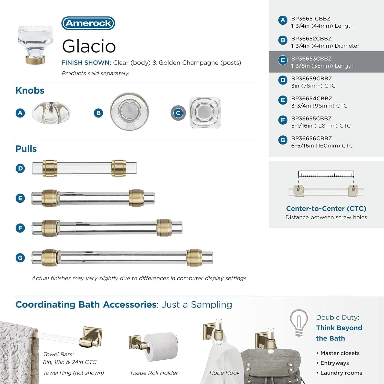 Amerock | Cabinet Knob | Clear/Golden Champagne | 1-3/8 inch (35 mm) Length | Glacio | 1 Pack | Drawer Knob | Cabinet Hardware