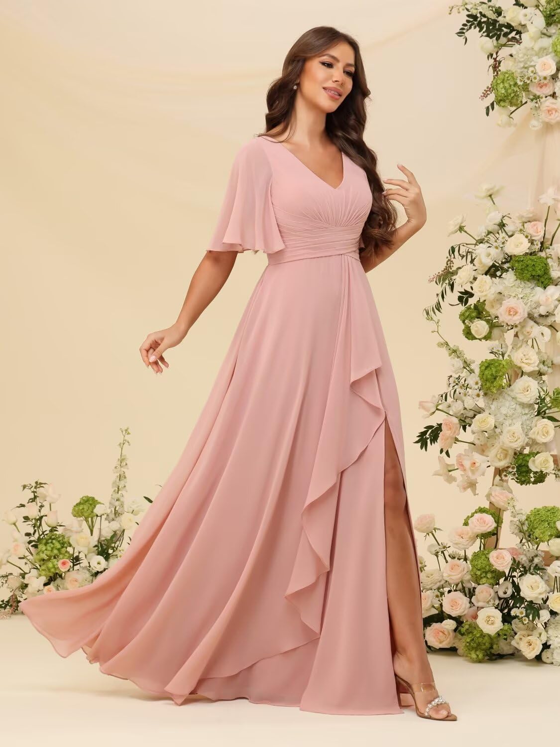 MYDRESS Chiffon Bridesmaid Dresses with Pockets Flutter Sleeves A-Line Ruffled Formal Dresses with Slit - Image 4