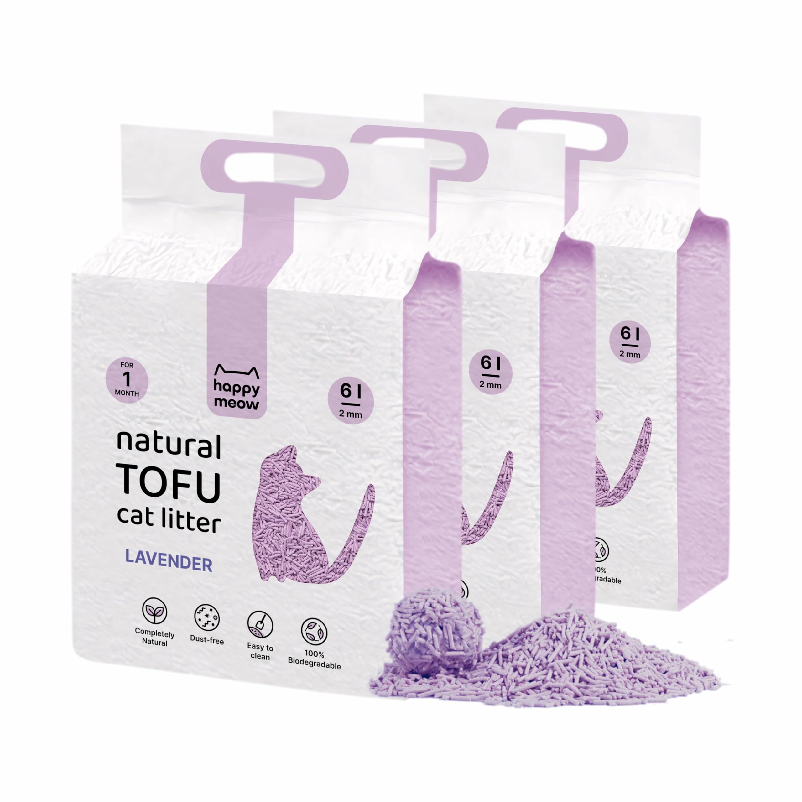 HAPPY MEOW Arena de Tofu para Gatos (18L/7,5Kg) - Natural y Biodegradable - Aglomerante Instantáneo, Bajo en Polvo, Control de Olores Duradero, Ultra Absorbente, Desechable en el Inodoro (Lavanda)
