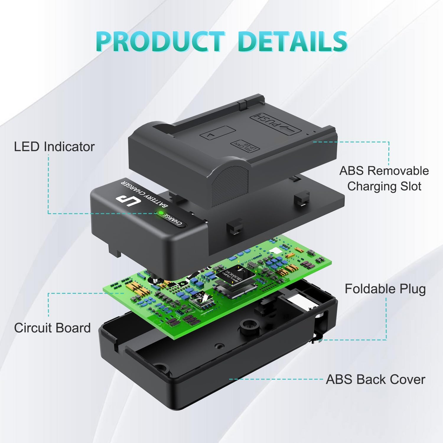 Exploded view of LP LP-E8 Battery Charger showing internal components like LED indicator, removable charging slot, circuit board, foldable plug, and back cover.