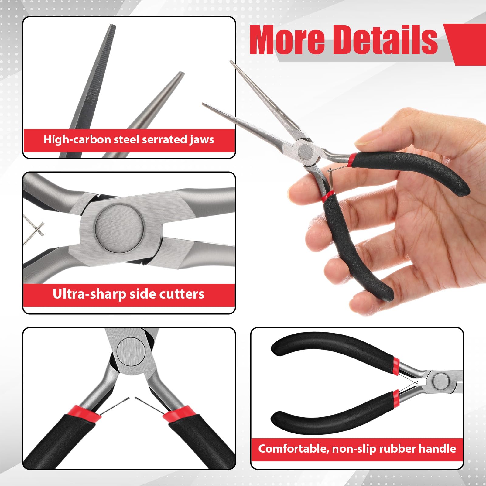 Set di 10 mini pinze a becchi ad ago, 15,2 cm, con punte extra lunghe per la creazione di gioielli, avvolgimento di fili, presa di piccoli oggetti, progetti fai da te (nero, manico