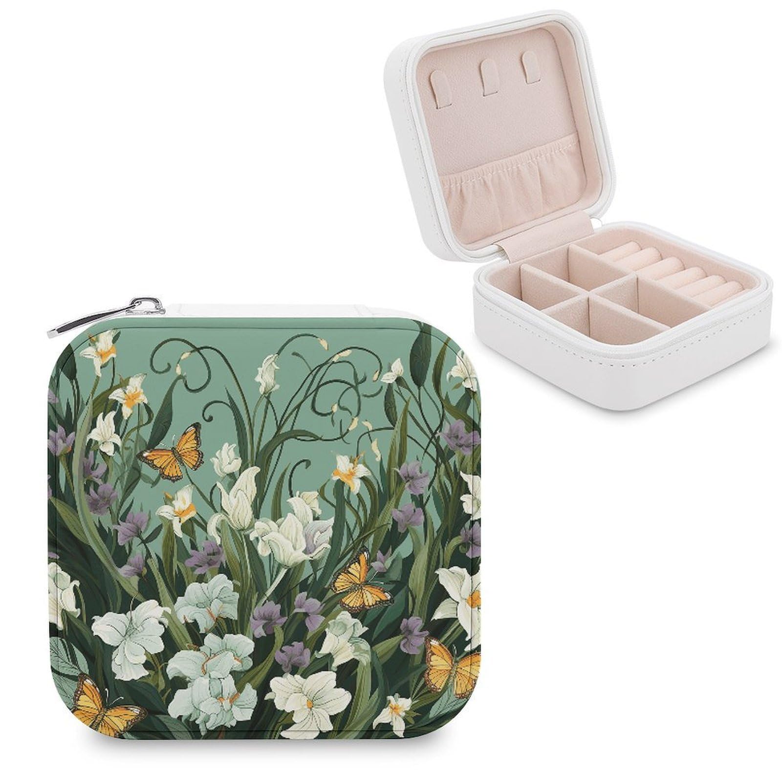 JTREHY Flowers And Butterflies on Green Background Jewelry Box Personalized PU Jewelry Box Exquisite Jewelrys Organizer Case Small Portable Jewellery Storage Holder for Rings Earrings Necklaces Gifts