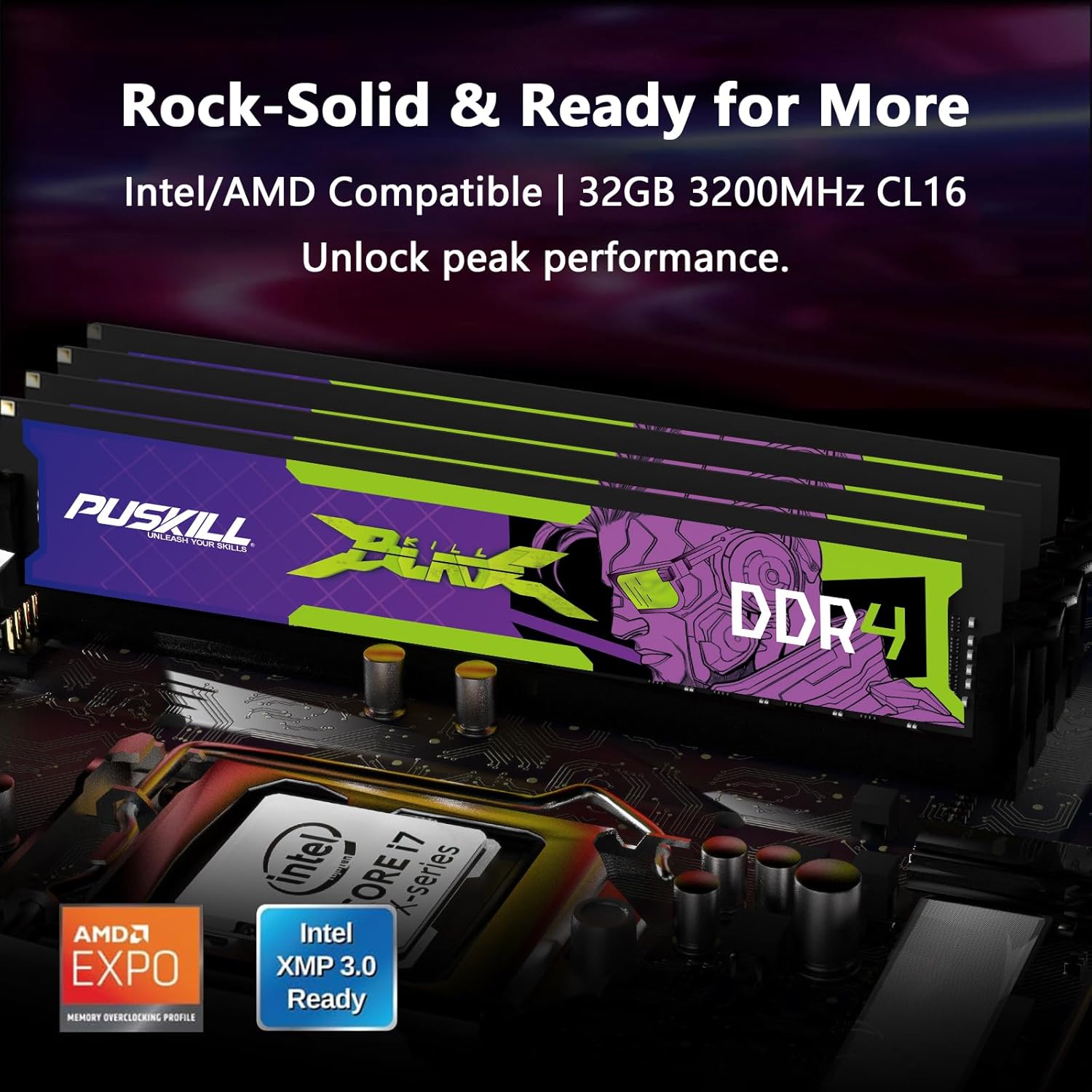 PUSKILL DDR4 32GB (2x16GB) 3200MHz PC RAM | CL16-18-18-42 | 1.35V | Desktop Memory Kit for Gaming and High-Performance Computing | Compatible with Intel & AMD