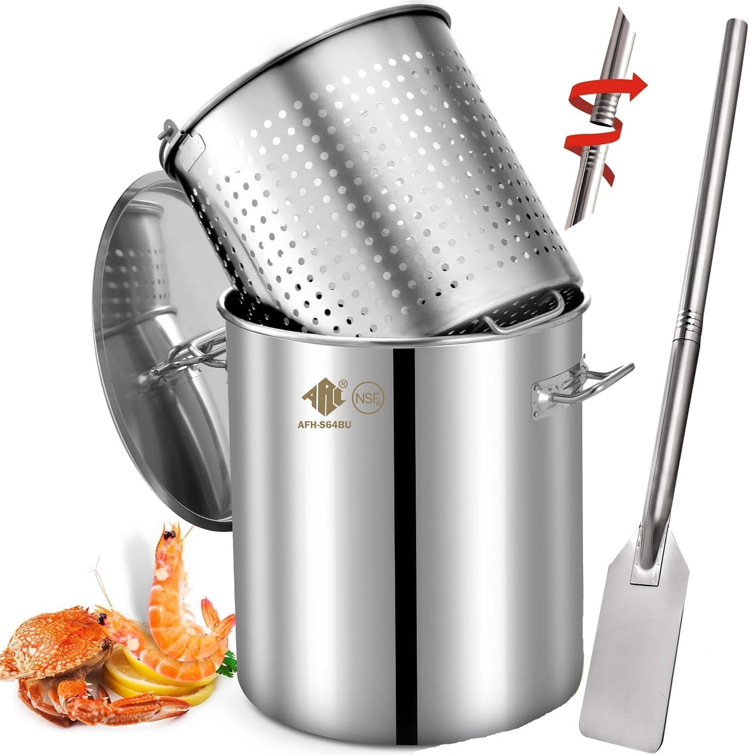 ARC 84-Quart Stainless Steel Seafood Boil Pot with Basket and 36 inch Large Mixing Paddle,Crawfish, Crab, Lobster, Shrimp Boil Stockpot with Strainer,