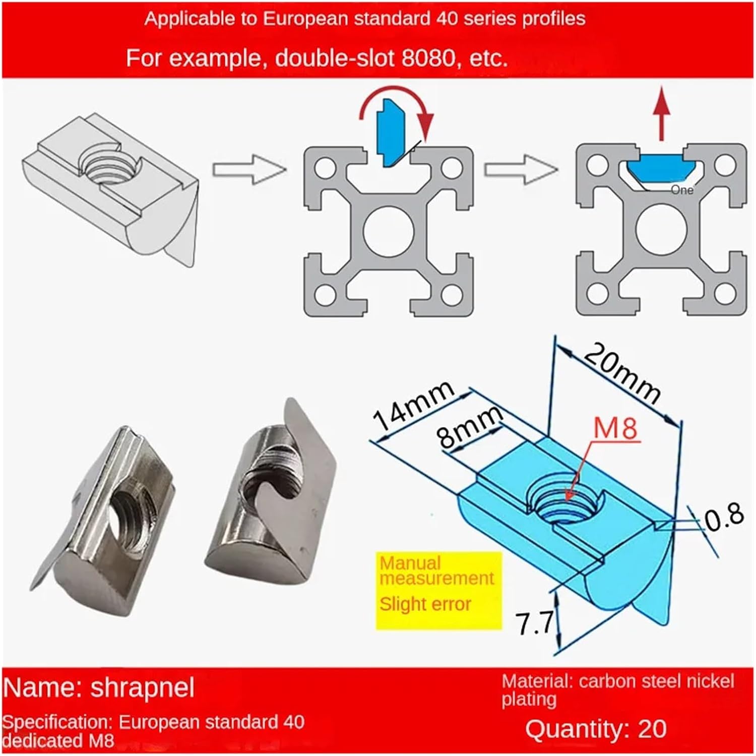 UAMOU 20pc M4 M5 M6 M8 Spring Nut Drop in Sheet T Nut Fit for 6mm Slot Aluminum Extrusion Profile 20020/3030/4040 Series Zinc Plate Coated Cheerfully (Color : 40s M8)