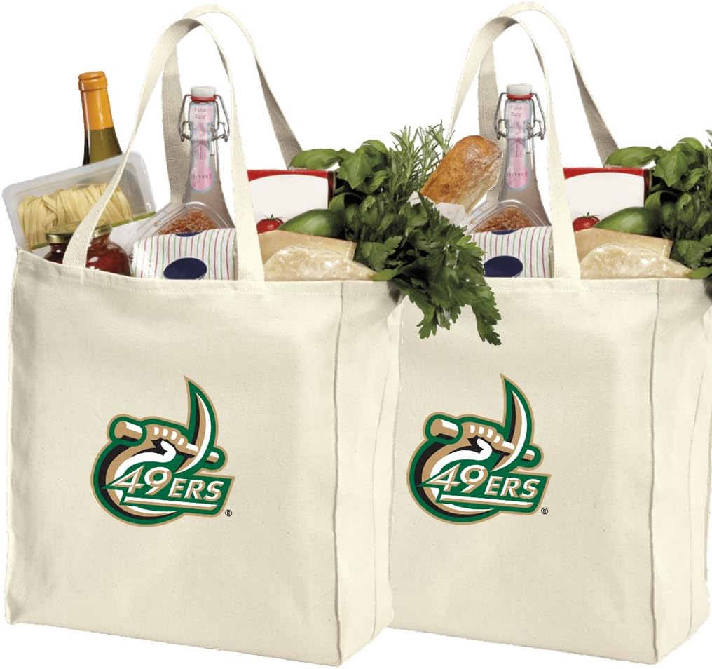 Broad Bay UNCC Shopping Bags or University of North Carolina Charlotte Grocery Bag 2Pc SET NATURAL COTTON