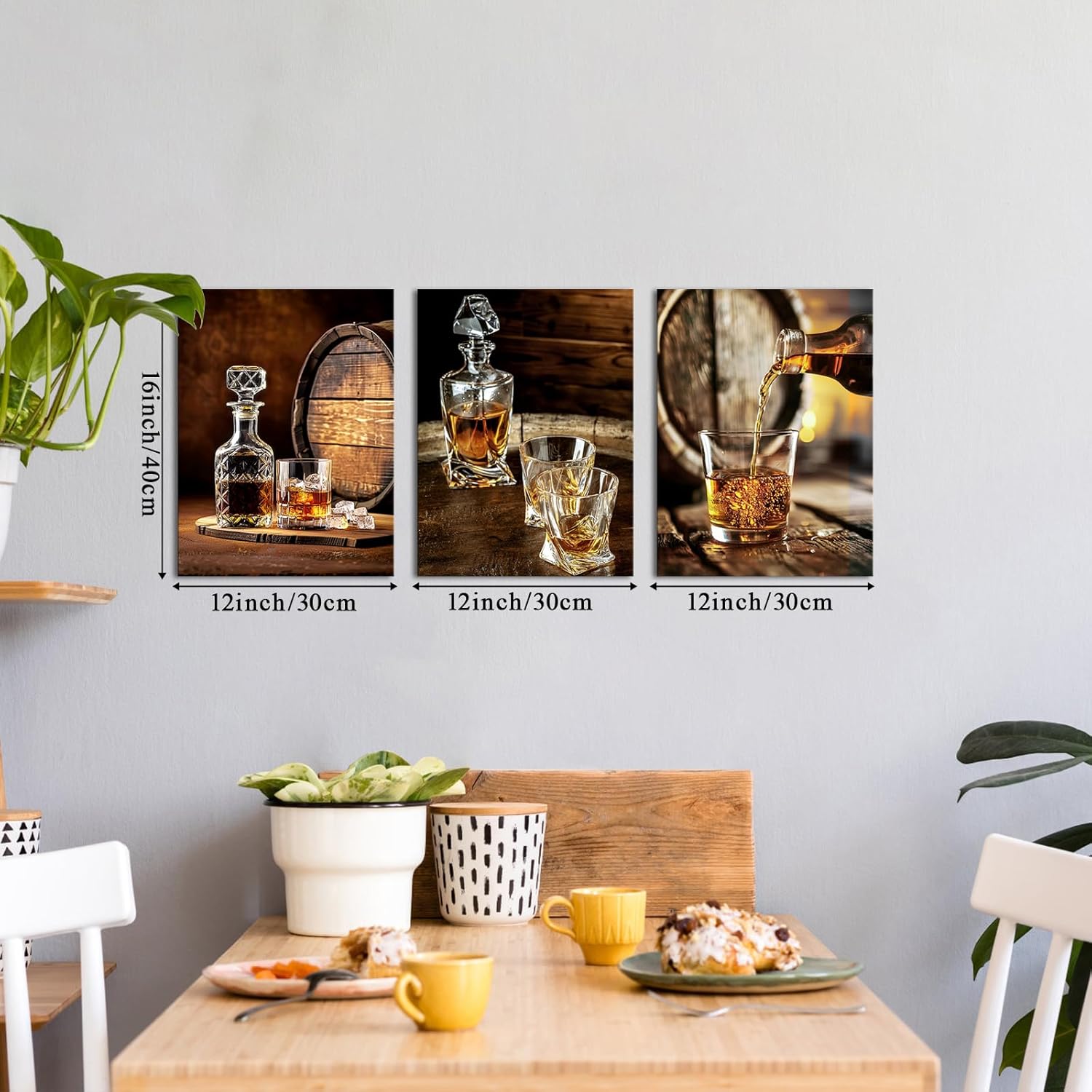 LyerArtork 3 Pieces Whiskey Wall Art Canvas Prints Whisky Pour into Wine Glass Brown Barrels Vintage Wine Bar Pictures Wall Decor for Kitchen Bar Pub Home Ready to Hang 12"x16"x3