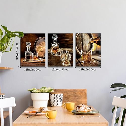 Miniatura 6 de LyerArtork 3 piezas de arte de pared de whisky, impresiones en lienzo de whisky vertido en vidrio de vino, barriles marrones, cuadros vintage de bar