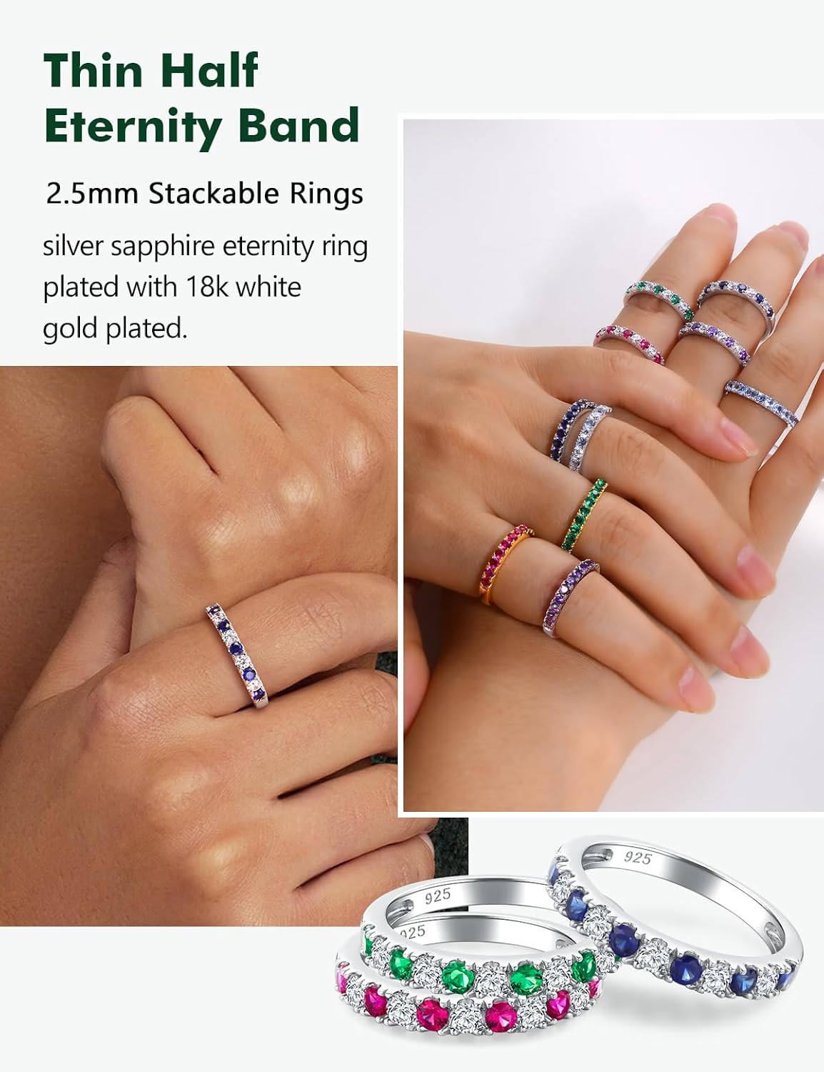 Half Eternity Band Rings for Women Sterling Silver/14K Gold Plated Created Ruby/Sapphire/Emerald/Amethyst Gemstone 3mm Stacking Wedding Bands Size 6-10 - Image 3
