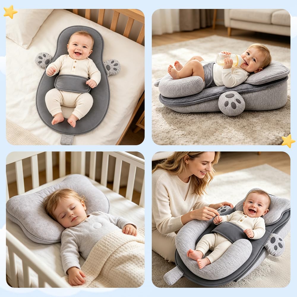 Réducteur de Lit Bébé, 15° Coussin Anti Reflux Bébé Ergonomique avec Coussin en Silicone et Repose-Pied en U, Détachable et Lavable Cale Bébé pour Nouveau-Nés, Réduire Les Régurgitations, Gris